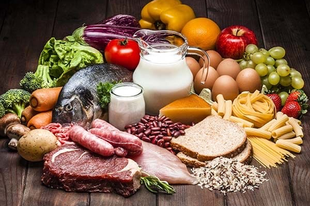 Photo of nutritional foods such as dairy, meats, and fruits